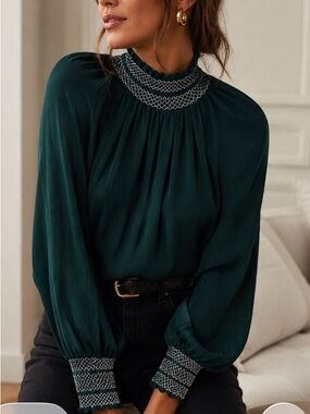 Zara Dark Green Smocked Neck Long Puff Sleeve Blouse